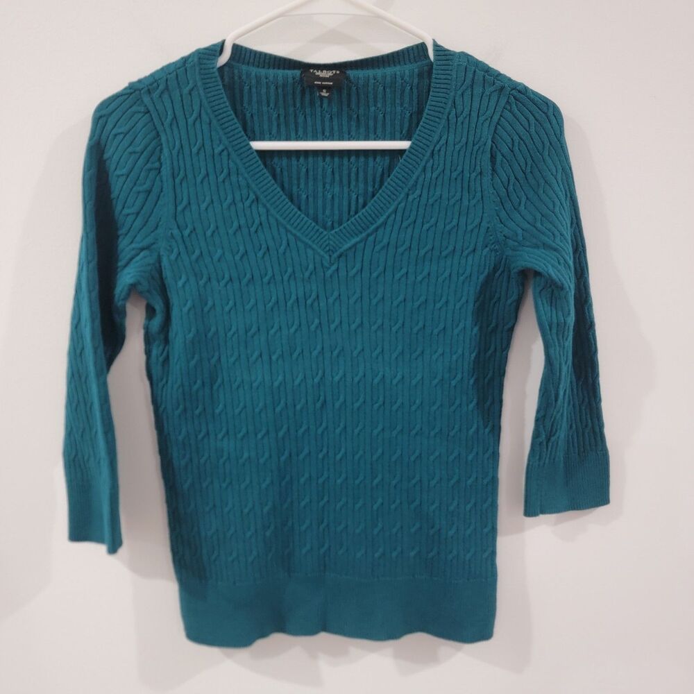 Talbots Womens Sweater Size‎ Small Petite Cable Knit Pima Cotton Jade Green Y2K